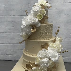 Beige Draping Flowers Wedding Cake