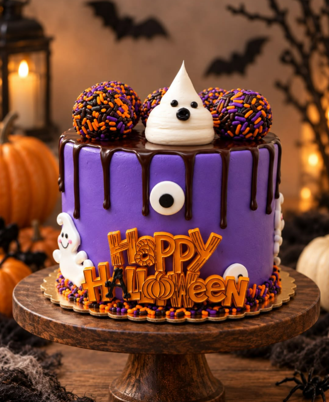A round cake is covered in purple icing and features a single eye in the center. A small sign in front reads "Happy Halloween."