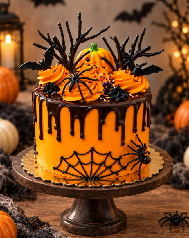 A round cake is covered in orange icing. It features chocolate dripping from the top and a spiderweb design on the side.